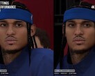 NBA 2K27'de DLSS 5 açık ve kapalıyken karakter görüntülenmesinde görsel fark.