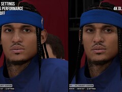 NBA 2K27'de DLSS 5 açık ve kapalıyken karakter görüntülenmesinde görsel fark.