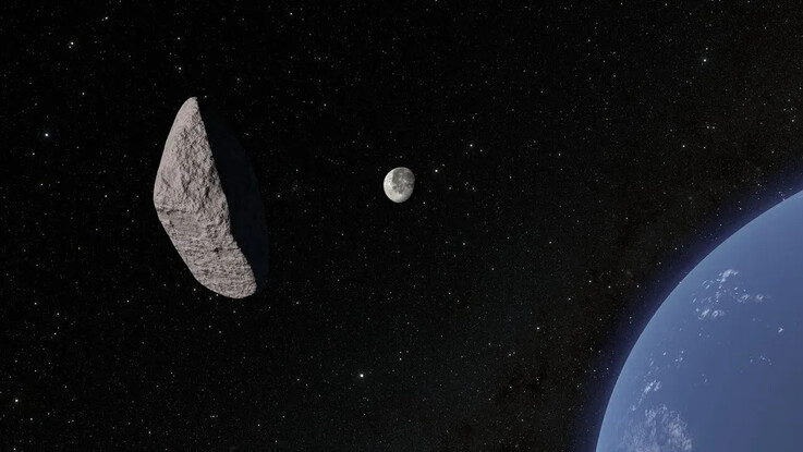 Asteroid 2024 YR4'ün Ay'ın yakınından geçişini gösteren bir illüstrasyon.  
