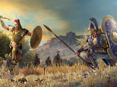 A Total War Saga: Troy oyununda iki kahraman arasındaki bir düelloyu gösteren bir görsel.