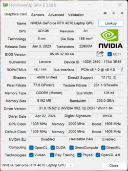 GPU-Z Nvidia GeForce RTX 4070 Dizüstü Bilgisayar