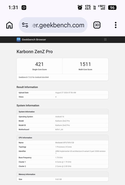 Karbonn ZenZ Pro Geekbench
