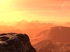 Bir sanatçının dış gezegendeki bir manzarayı gösteren illüstrasyonu.