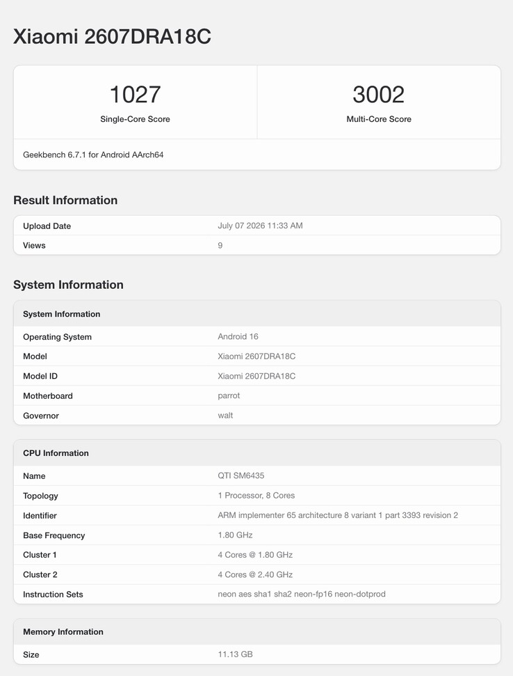 Yakında piyasaya çıkacak Xiaomi telefonunun Geekbench kaydı.