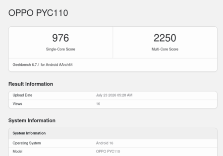 Oppo A7 Pro Max (PYC110) Geekbench 6.7.1 listesi