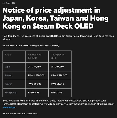 Asya'da Steam Deck fiyat artışı bildirimi