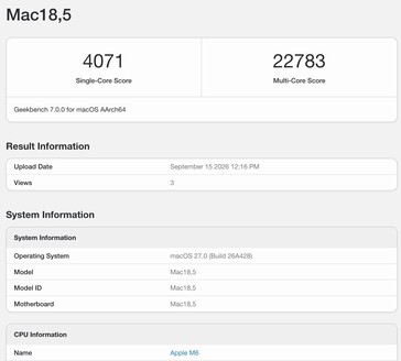 Apple M6 Geekbench 7 sonucu.