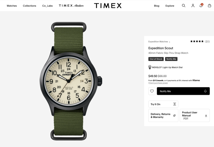 Örneğin, bu Timex Expedition Scout modelinin fiyatı 50 dolar. Ne yazık ki stokta yok.