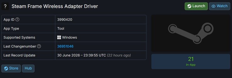 SteamDB'de listelenen Steam Frame Kablosuz Adaptör Sürücüsü. 