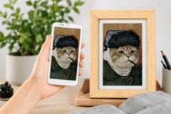 AI tarafından oluşturulan bir evcil hayvan portresini gösteren Bigme dijital fotoğraf çerçevesi