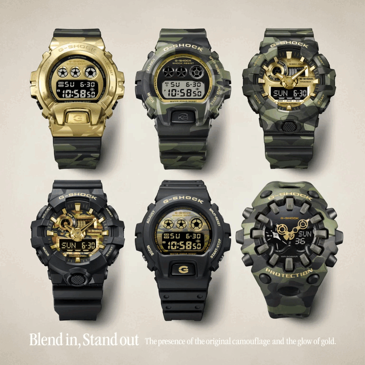 G-Shock GM-6900CMG-3, DW-6900CMG-3, GA-700CMG-3AJF, GA-700CF-1A, DW-6900CF-1 ve GA-V01CMG-3A (sol üstten başlayıp sağa doğru giden isimler)