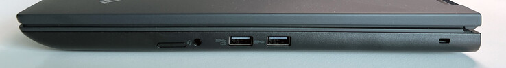 Sağ tarafta: SIM kart yuvası (isteğe bağlı), 3,5 mm ses jakı, USB-A 3.2 Gen. 1 (5 GBit/s, güçlendirilmiş), USB-A 3.2 Gen. 1 (5 GBit/s), Kensington yuvası
