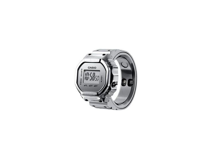 Gümüş renkli Casio CRW-H001M-8 akıllı yüzük saatinin, yüzüğün içindeki dijital ekranı ve sağlık sensörlerini gösteren açılı görüntüsü.