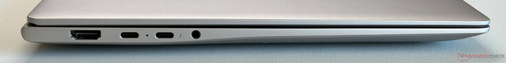 Sol taraf: HDMI 2.1 TMDS, USB-C 3.2 Gen. 2 (10 Gbps, DisplayPort, Güç Dağıtımı), USB-C 4.0 w/ Thunderbolt 4 (40 Gbps, DisplayPort, Güç Dağıtımı), 3,5 mm stereo