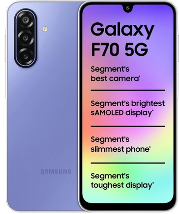 Önden ve arkadan gösterilen mor renkli Samsung Galaxy F70 5G