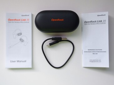 İçindekiler - Şarj kutusunda OpenRock Link 20 kulaklık, USB-C şarj kablosu ve belgeler. (Resim kaynağı: Notebookcheck)