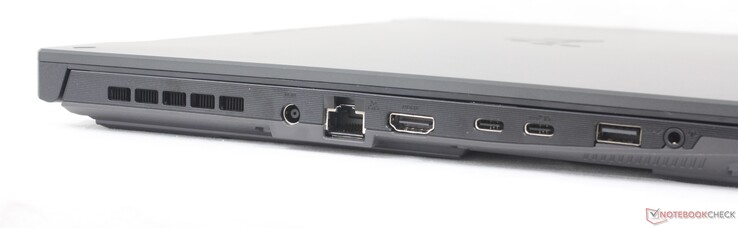 Sol: AC adaptörü, Gigabit RJ-45, HDMI 2.1, 1x USB-C 3.2 Gen. 2 w/ DisplayPort + Güç Dağıtımı + G-Sync, 1x USB-C 4.0, 1x USB-A 3.2 Gen. 1, 3,5 mm kulaklık