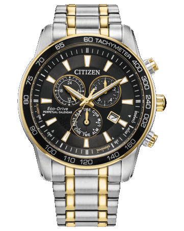 Siyah kadranlı, iki renkli 44 mm paslanmaz çelik kasa ve bilezikli, takimetre çerçeveli, üç alt kadranlı ve tarih pencereli Citizen Classic Eco-Drive kronograf.