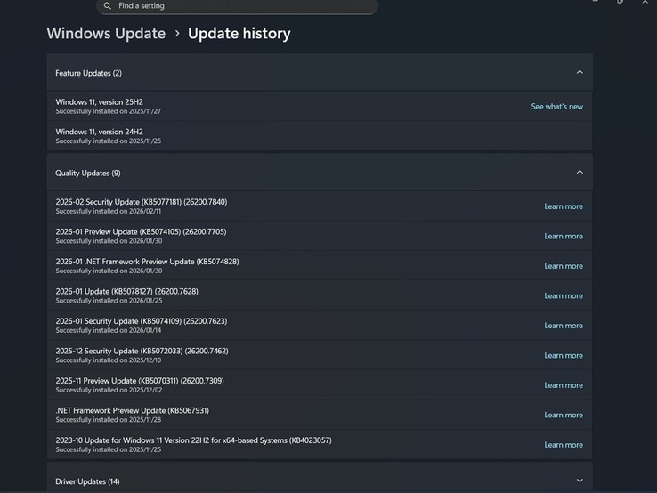 Lenovo LOQ 16IRH8'de Windows güncelleme geçmişi