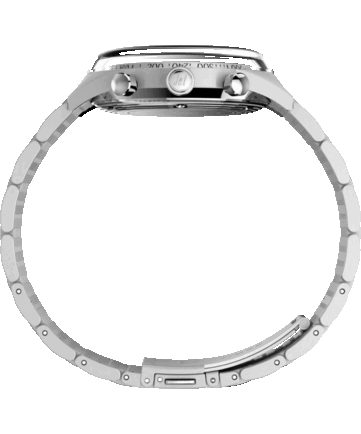 Timex Marlin Jet Kronograf'ın yandan görünümü; büyük bombeli Hesalite camı, takimetre çerçeve, paslanmaz çelik kasa, kurma kolu ve kronograf düğmelerini göstermektedir.