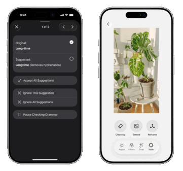 Dilbilgisi denetleyicisi (solda) Apple 'un planladığı bir dizi yeni yapay zeka destekli yazma özelliğinden biri olabilirken, Fotoğraflar uygulaması da yapay zeka destekli düzenleme seçenekleriyle daha rekabetçi hale gelmeye hazırlanıyor.