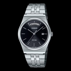 Casio MTP-B146D-1AV paslanmaz çelik saat, siyah güneş ışını desenli kadran ve gümüş renkli bilezik ile,