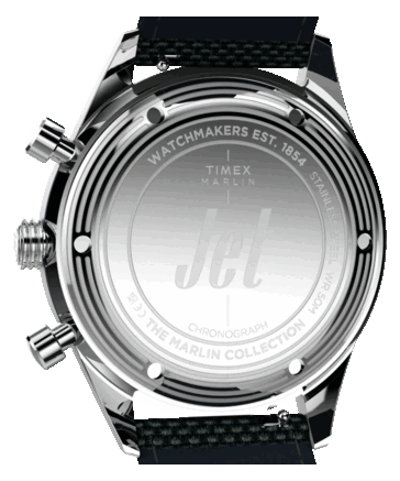Timex Marlin Jet Chronograph'ın paslanmaz çelik kasa arka kapağını gösteren arkadan görünümü
