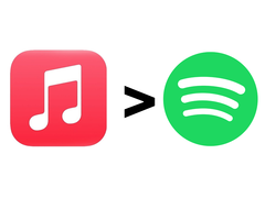 Apple Müzik logosu, büyüktür sembolü ve Spotify logosu.