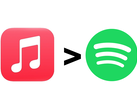 Apple Müzik logosu, büyüktür sembolü ve Spotify logosu.
