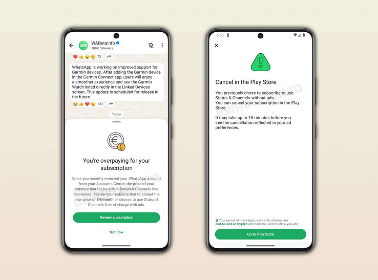 WABetaInfo'dan alınan ekran görüntüleri aylık 4 € abonelik fiyatını gösteriyor (Resim kaynağı: WABetaInfo)
