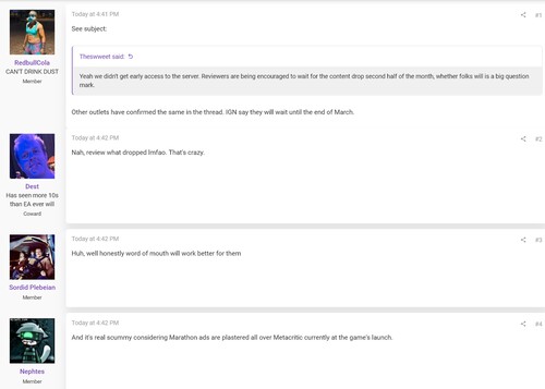 ResetEra forum gönderisi Marathon inceleme gecikmesi hakkında