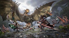 Avcılar, Monster Hunter Outlanders'ta eşli savaşta kanatlı bir wyvern ile mücadele ediyor. 