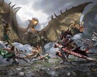 Avcılar, Monster Hunter Outlanders'ta eşli savaşta kanatlı bir wyvern ile mücadele ediyor. 
