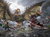 Avcılar, Monster Hunter Outlanders'ta eşli savaşta kanatlı bir wyvern ile mücadele ediyor. 