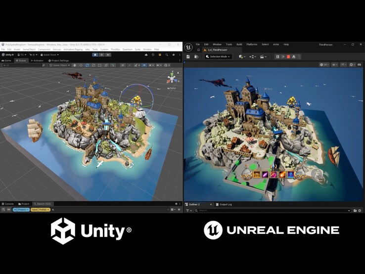 Demo, Unity Editor'da çalışan Fantasy Kingdom projesini Unreal Engine tarafından işlenen sürümle karşılaştırmaktadır.