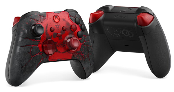 Gears of War: E-Day sınırlı sürüm oyun kumandasının ön yüzünde 3D tasarım bulunmaktadır.
