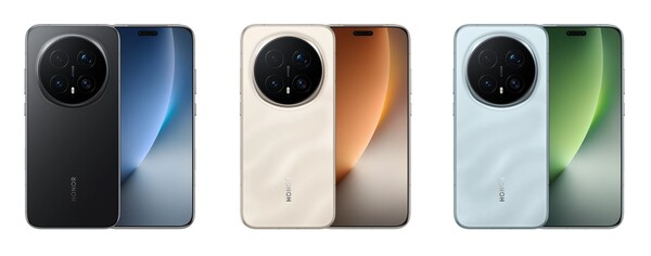 Honor Magic 8 Pro'nun Siyah, Gün Doğumu Altın ve Gök Mavisi renkleri. (Resim kaynağı: Honor)
