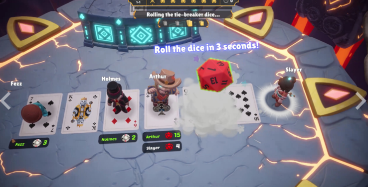 Kartların gösterildiği ve beraberlik durumunda zar atılarak sonuçlandırılan "One Last Hand" çok oyunculu oyun görüntüsü