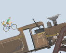 Happy Wheels oyununda, kullanıcı tarafından oluşturulan bir engel parkurunda bir baba ve çocuğun bisikletle büyük bir lokomotife doğru ilerlediği sahne gösterilmektedir.