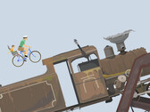 Happy Wheels oyununda, kullanıcı tarafından oluşturulan bir engel parkurunda bir baba ve çocuğun bisikletle büyük bir lokomotife doğru ilerlediği sahne gösterilmektedir.