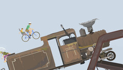 Happy Wheels oyununda, kullanıcı tarafından oluşturulan bir engel parkurunda bir baba ve çocuğun bisikletle büyük bir lokomotife doğru ilerlediği sahne gösterilmektedir.