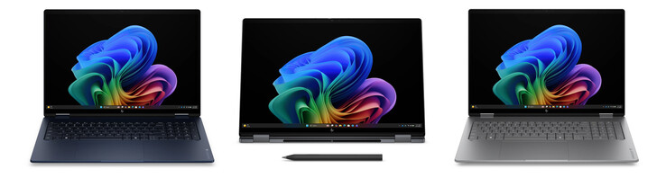 Soldan sağa, Atmosferik Mavi, Eclipse Grey ve Meteor Silver kaplamalı OmniBook X Flip 16.