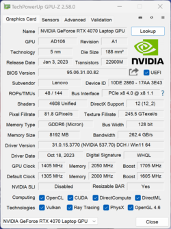 GPU-Z Nvidia GeForce RTX 4070 dizüstü bilgisayar