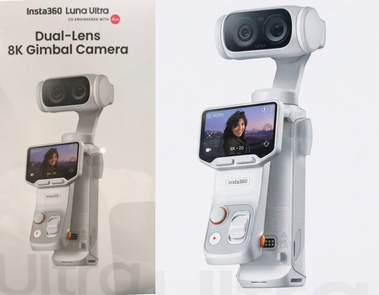 Insta360 Luna Ultra orijinal perakende kutusu (solda) ve AI ile geliştirilmiş yakın çekim görüntü (sağda).