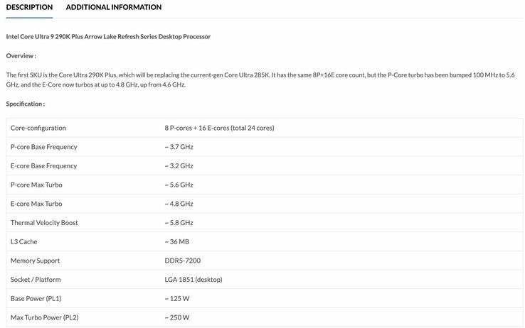 Core Ultra 9 290K Plus CPU için daha önce sızdırılan ürün listesinde daha yüksek destek saatleri belirtilmişti.
