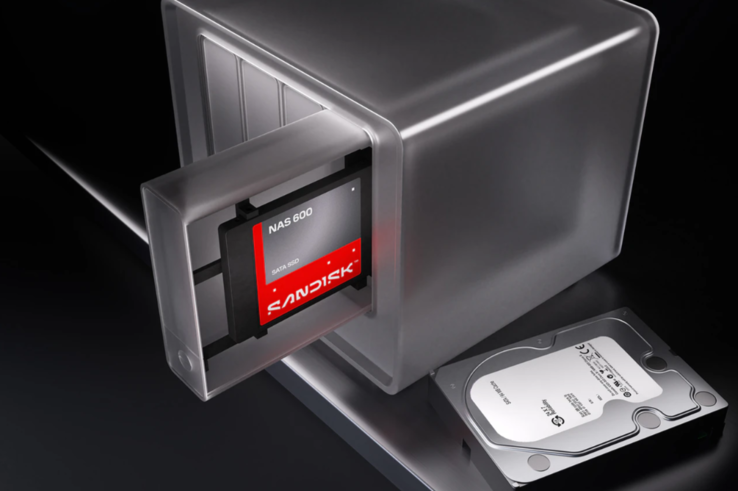 Bir NAS sürücü yuvasında, bir sabit sürücünün yanında gösterilen Sandisk NAS 600 SATA SSD4