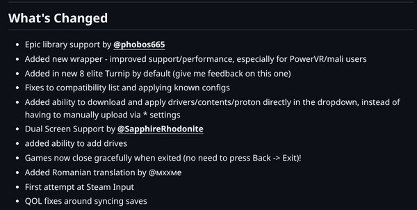 GameNative 0.7.1 sürümünün değişiklik günlüğünü gösteren bir ekran görüntüsü.