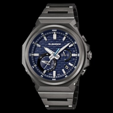 Mavi desenli kadran, koyu renkli paslanmaz çelik kasa ve entegre bileziğe sahip G-Shock GST-B1000BD-2A'nın önden görünümü.