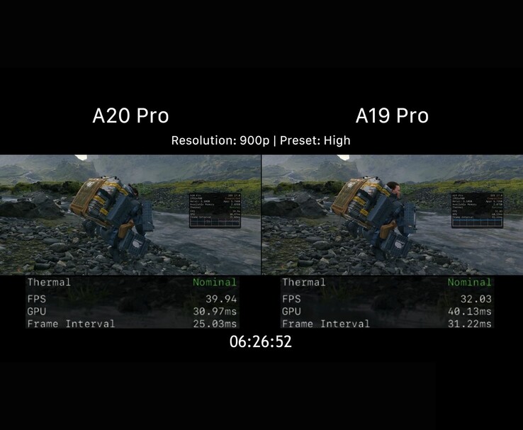 Death Stranding'de 900p çözünürlükte A20 Pro ile A19 Pro'nun oyun performansı karşılaştırması