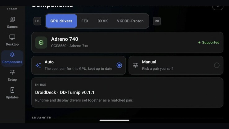 Adreno 740 cihazında DroidDeck'in GPU sürücüsü ayarları. Bağımsız deneysel çatallar, PowerVR ve Mali grafikleri için desteği araştırıyor.